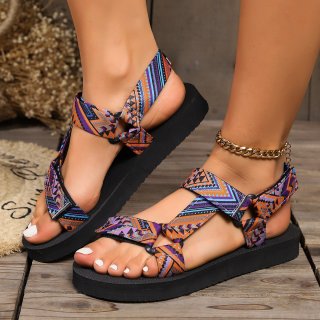 Russell & Bromley new style Printed design Sandals Summer Ethnic Style Thick Flat Sandals Women's Fashion Casual Beach Shoes